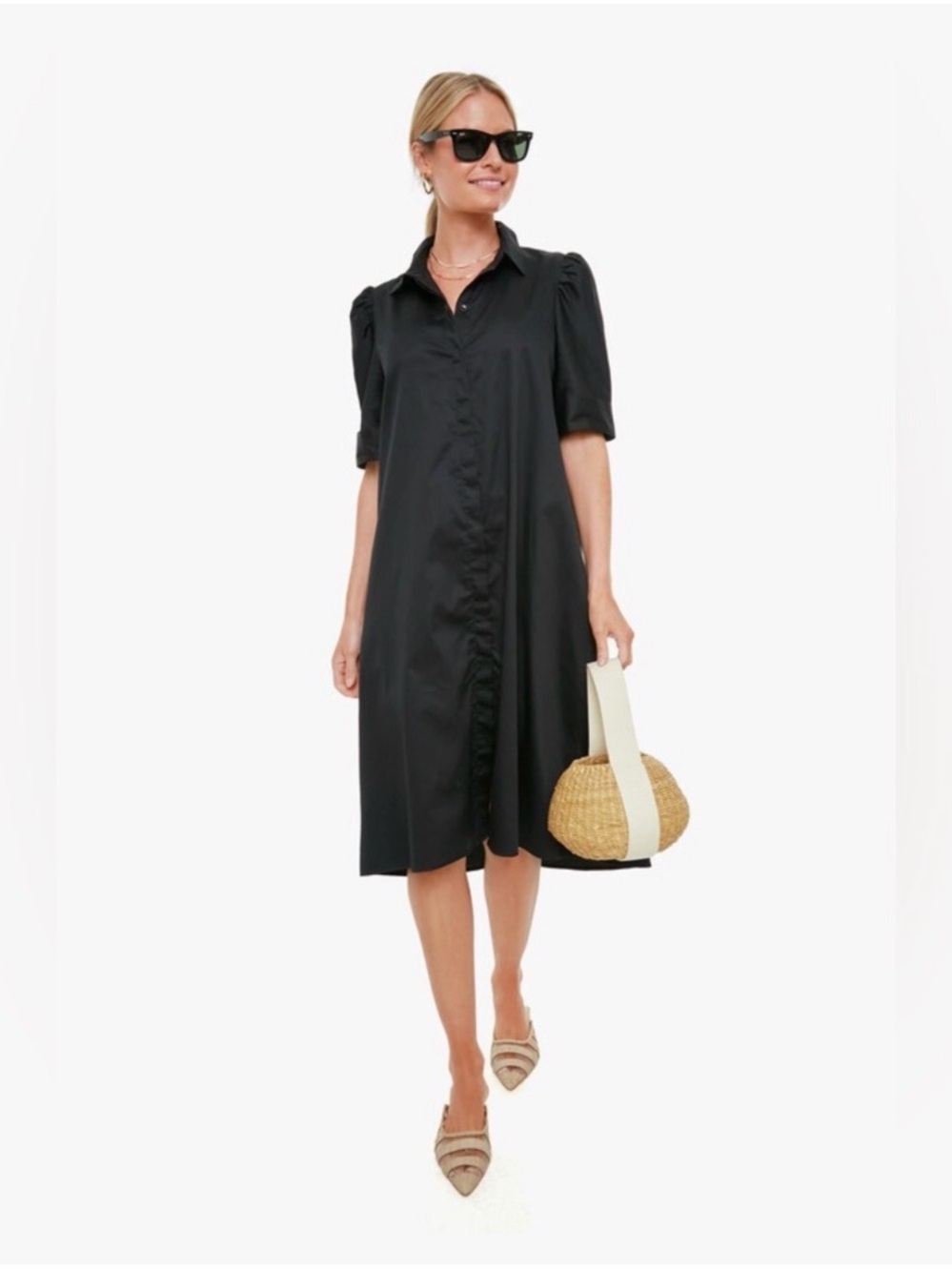 Tuckernuck Pomander Place Black Button-Front Puff Sleeve Midi Dress